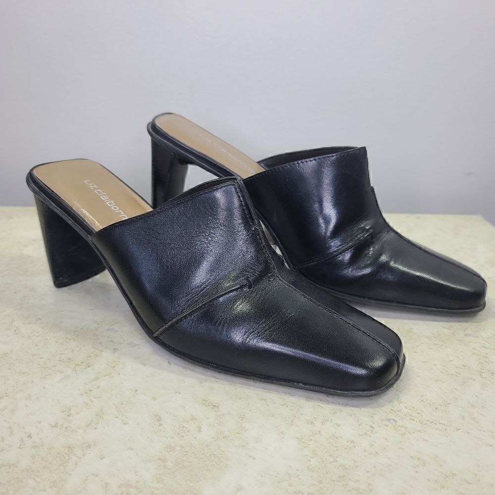 Liz Claibrne Bonafide Leather Mules 7.5 Black